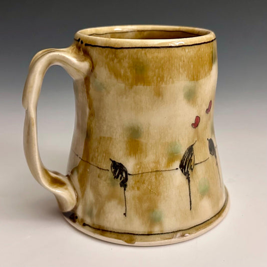 Little Bird on a Wire Love Coffee Cup Stoneware Mug Handmade Pottery Mug Red Cherry Blossom Polka Dots NO301