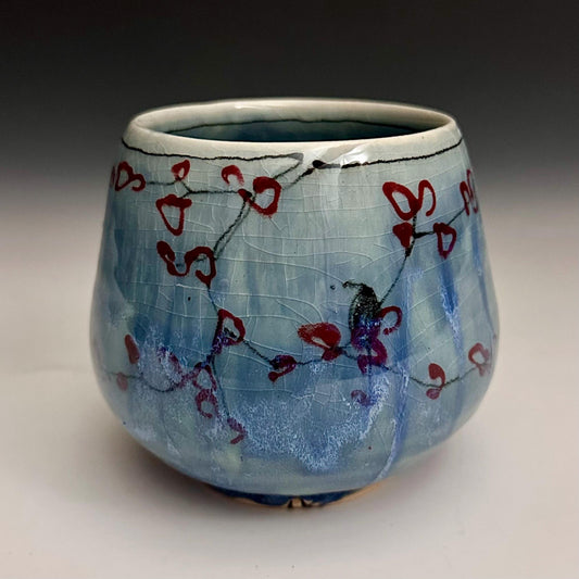 Yunomi Pottery Cup Rain and Cherry Blossom Blue Handmade Mug N013