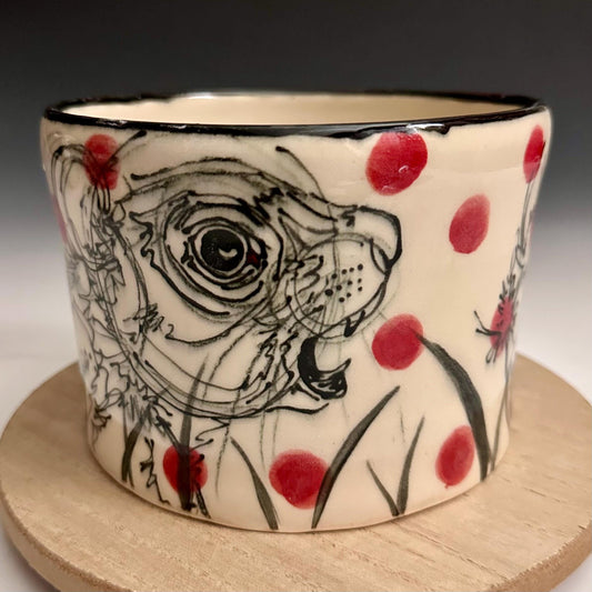 Pottery Planter Bunny in the Grass and Pink Dots Handmade Planter Pot