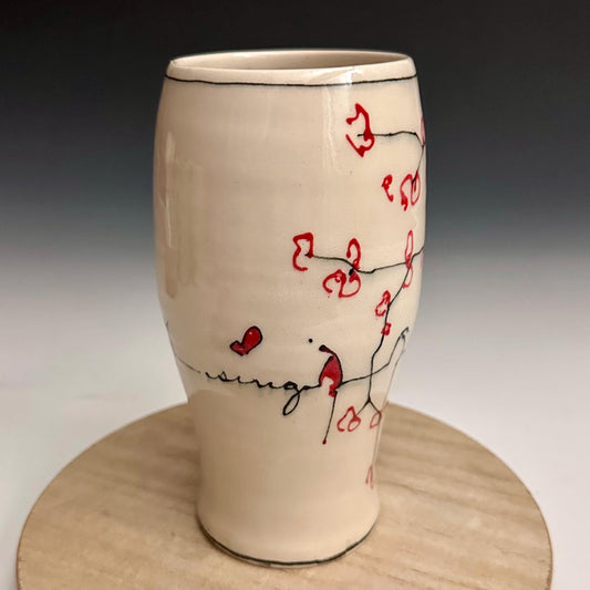 Cherry Blossom Pottery Glass Cup Bird on a Wire NO319