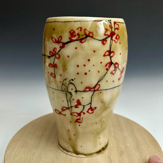 Amber Cherry Blossom Pottery Glass Cup Bird on a Wire NO321