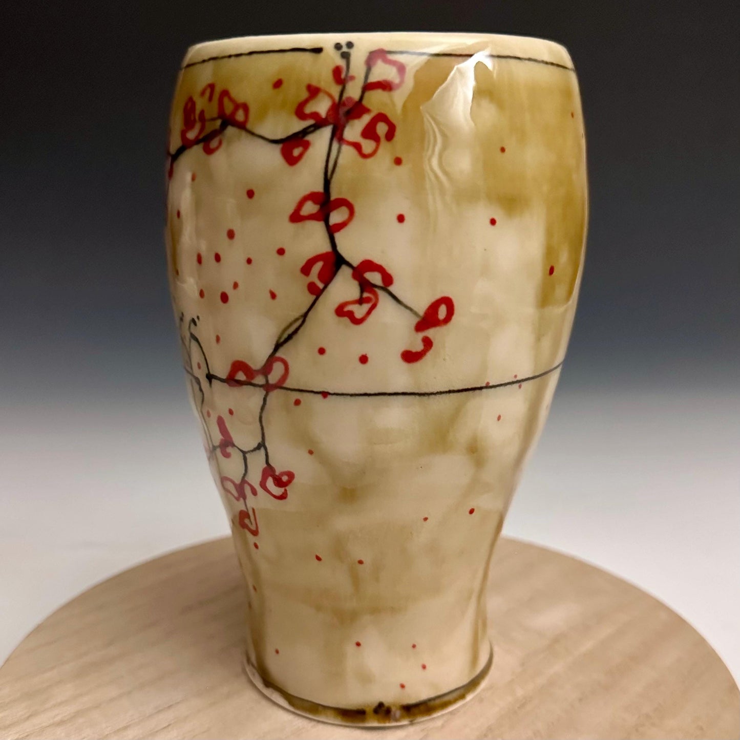 Amber Cherry Blossom Pottery Glass Cup Bird on a Wire NO321