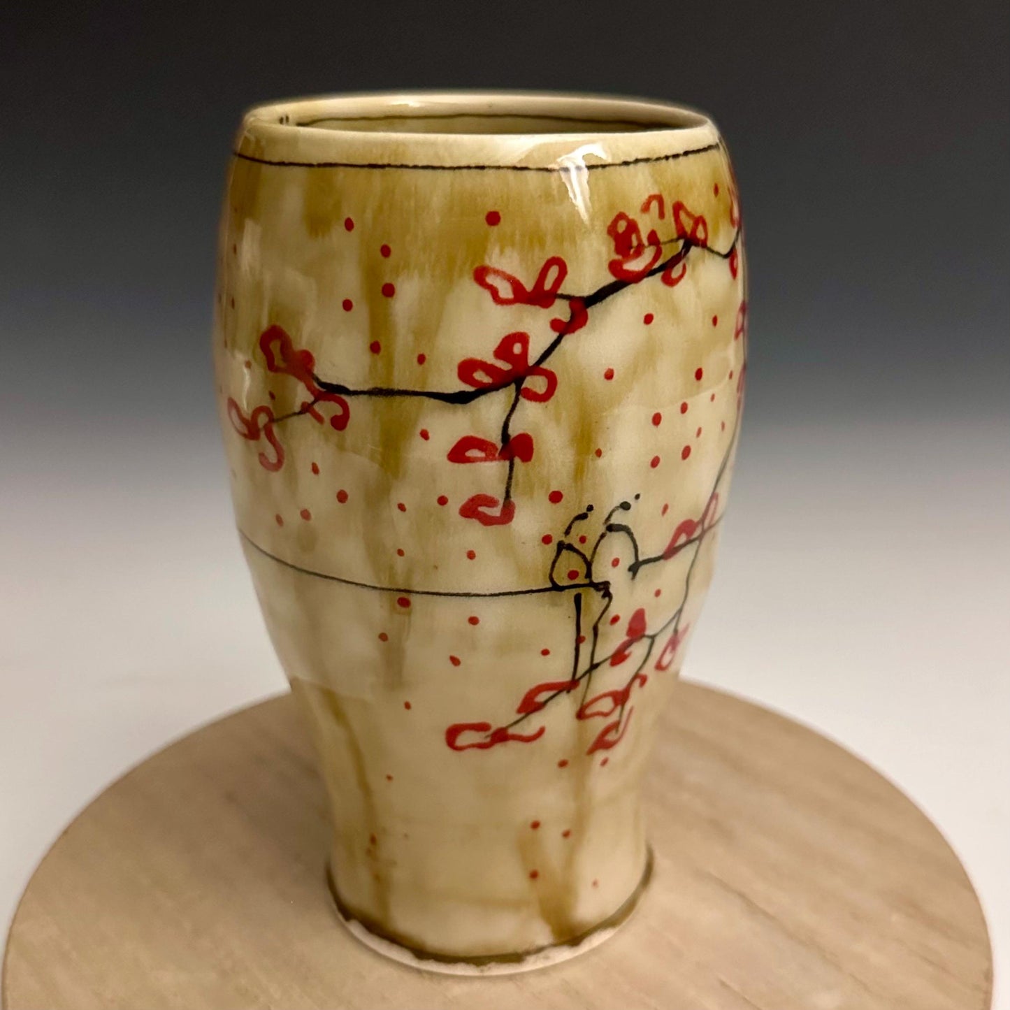 Amber Cherry Blossom Pottery Glass Cup Bird on a Wire NO321