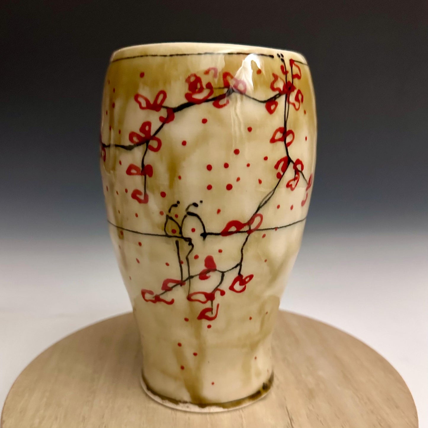 Amber Cherry Blossom Pottery Glass Cup Bird on a Wire NO321