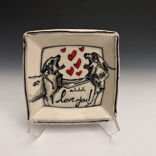 Pottery Tray Ceramic Trinket Dish Bird Pigeon and Red Hearts Rectangular Plate