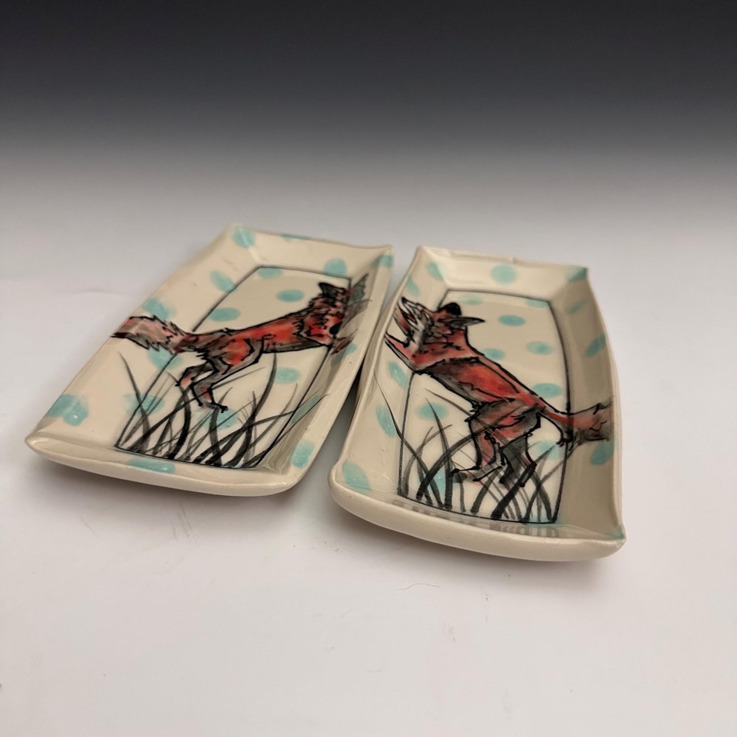Pottery Tray Ceramic Trinket Dish Bunny Hearts  and Red Hearts Rectangular Plate