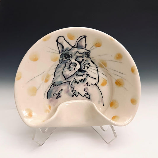 Stovetop Spoon Rest Ladel Rest Utensil Holder Bunny and Tellow Dot Ceramic Spoonrest