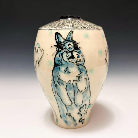 Pottery Vase Poppy and Bunny Hand Illustrated Vase F2513