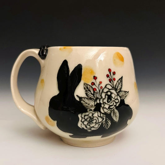 Handmade Bunny Flowers and Yellow Dots  Pottery Coffee Mug Ceramic F2515