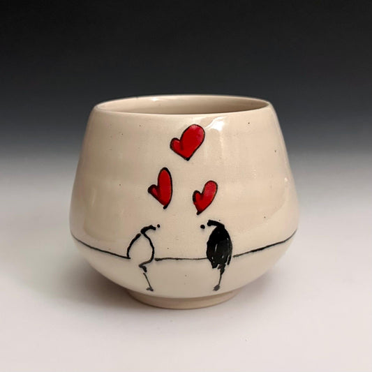 Bird on a Wire Hearts Love Birds Yunomi Handleless Mug PotteryCup F2534