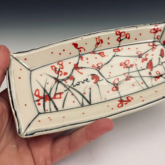 Pottery Tray Ceramic Trinket Dish Cherry Blossom and Bird Red Flowers Love Big