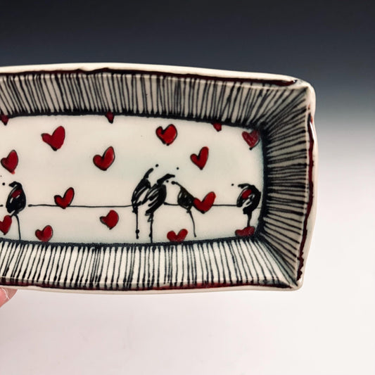 Pottery Tray Ceramic Trinket Dish Bird on a Wire Pinstripes  and Hearts Reftangular Plate