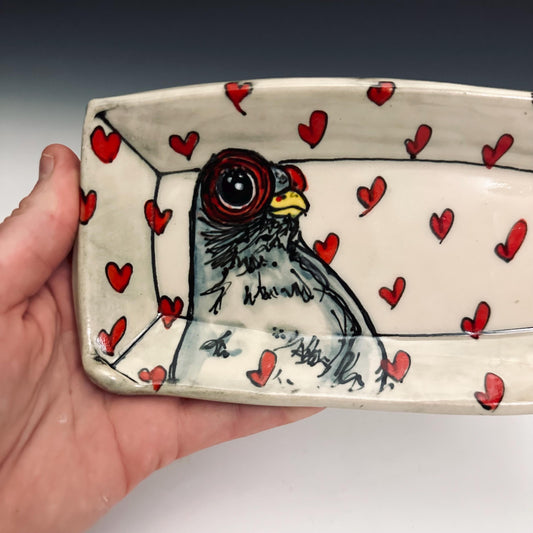 Pottery Tray Ceramic Trinket Dish Bird Pigeon and Red Hearts Rectangular Plate