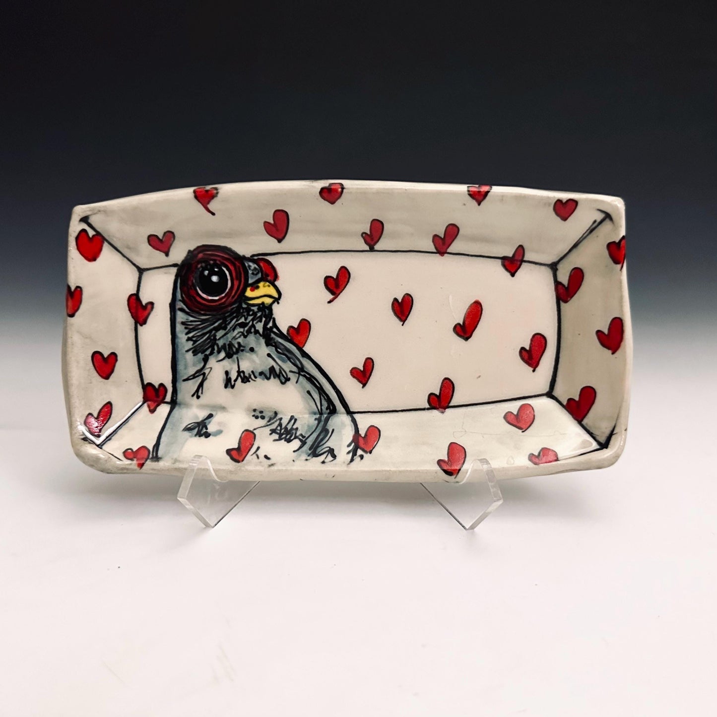 Pottery Tray Ceramic Trinket Dish Bird Pigeon and Red Hearts Rectangular Plate