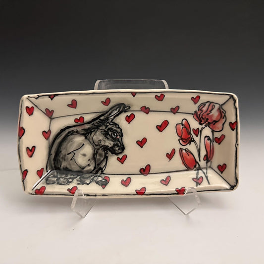Pottery Tray Ceramic Trinket Dish Bunny Hearts  and Red Hearts Rectangular Plate