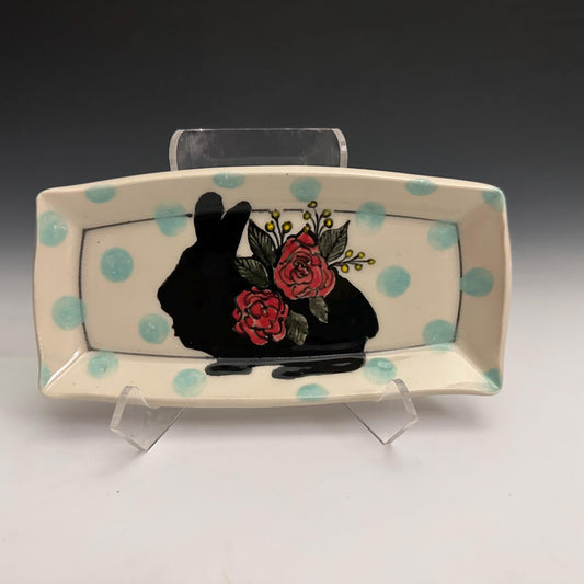 Pottery Tray Ceramic Trinket Dish Bunny Hearts  and Red Hearts Rectangular Plate