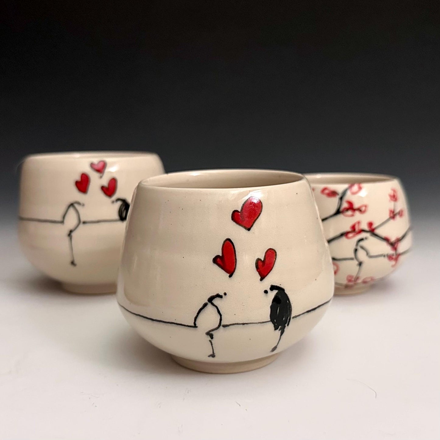 Bird on a Wire Hearts Love Birds Yunomi Handleless Mug PotteryCup F2534