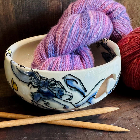 Yarn Bowl Hand Painted Boxing Rabbits Knitting Bowl Bunny Art M2523