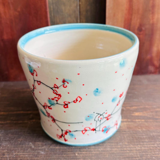 Ceramic Planter Pottery Handmade Cherry Blossom Red Flower Turquoise  M2560