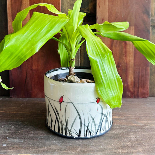 Ceramic Planter Pottery Handmade Bird on a Wire  Prairie Grass M2562